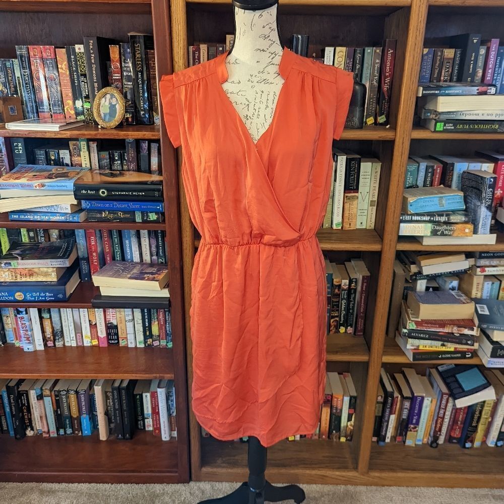𝅺corly tamarind orange silk sleeveless crossover mini dress elastic waist S nwt